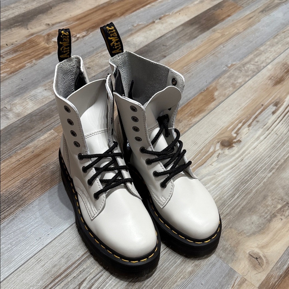 Dr. Martens White Leather Combat Boots with Black Laces